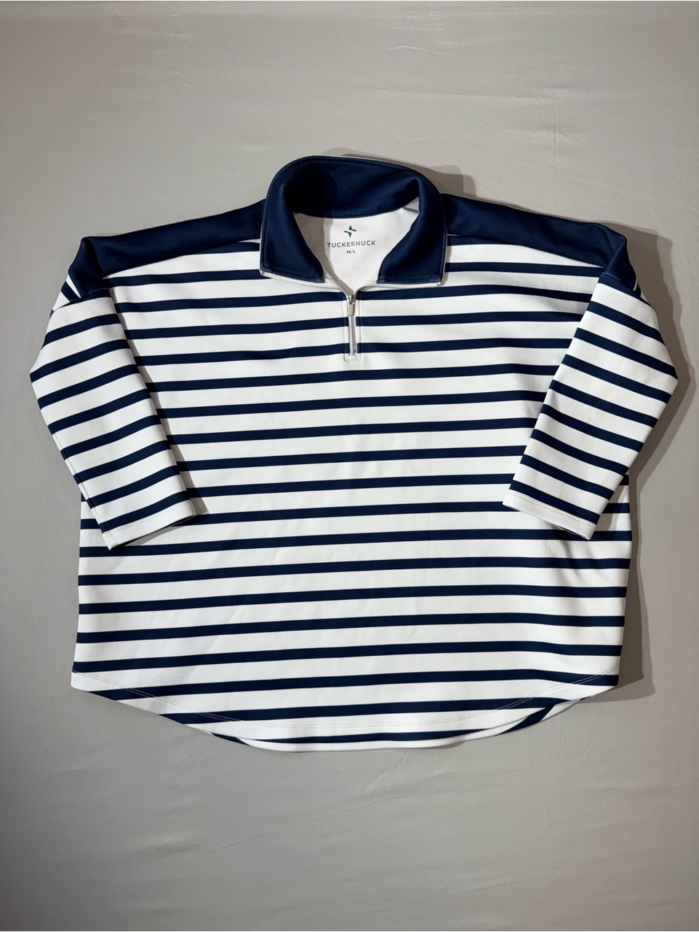 Tuckernuck sporty Navy & White Striped Hudson Quarter-Zip pullover M/L